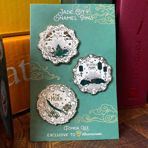 Three decorative enamel pins inspired by Jade City by Fonda Lee. image