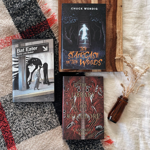 The Staircase in the Woods by Chuck Wendig, Bat Eater by Kylie Lee Baker, The Library at Hellebore by Cassandra Khaw - Intro to Horror Bundle, covers image